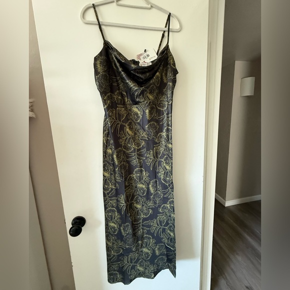 No’eau Designs Dresses & Skirts - No’eau Designs Black Satin Slip Dress with Gold Metallic Floral Print